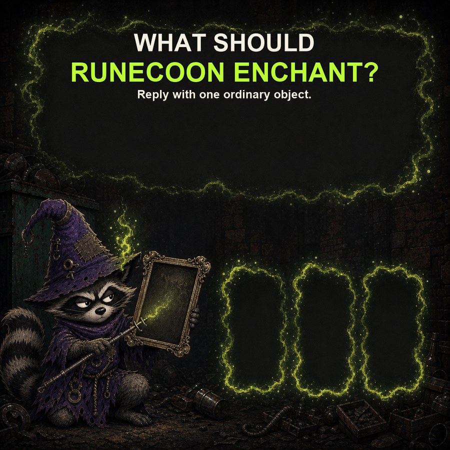 Runecoon holds up a blank frame beside glowing green drips, inviting the community to choose an object to enchant.