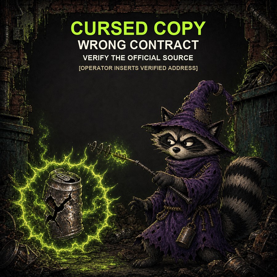 Runecoon points his wand toward a glowing cursed copy warning in a dark alley.