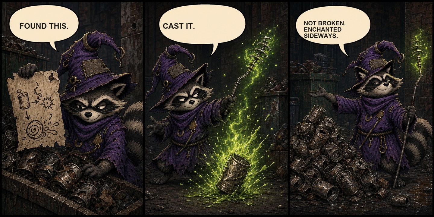 Three-panel comic: Runecoon finds a discarded spell, casts it at a can, and insists the sideways result is not broken.