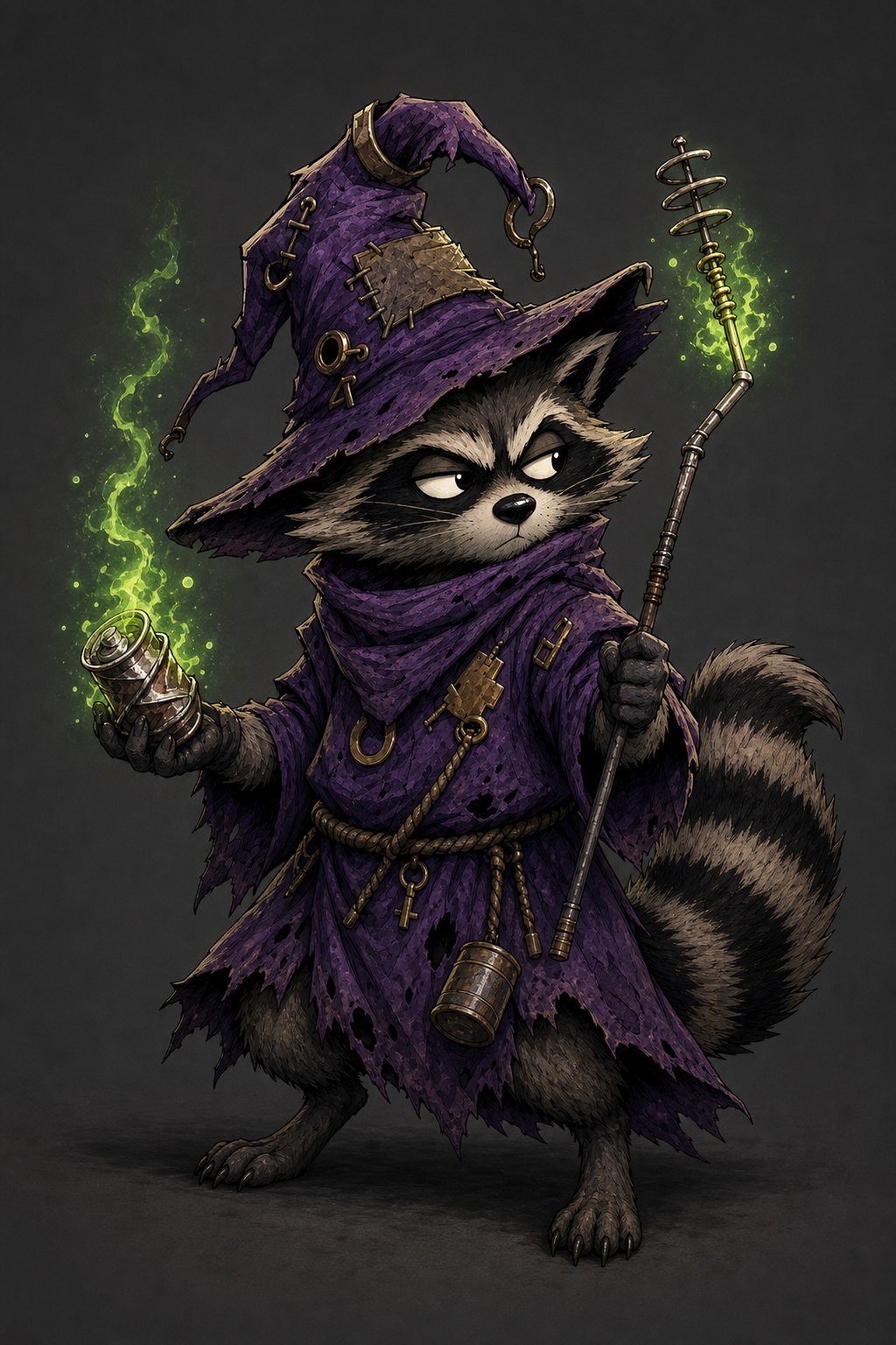 Runecoon studies a glowing salvaged can while holding his bent antenna wand.